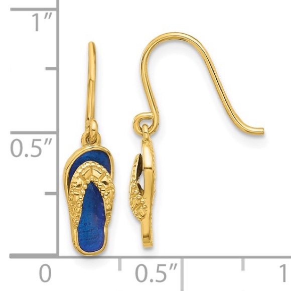 blue enamel 14k Flip Flop Dangle Drop Earrings Shepard’s hook textured - Picture 3 of 5
